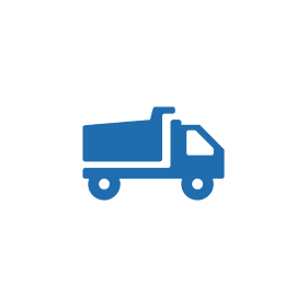 Blue dump truck icon on white circle.
